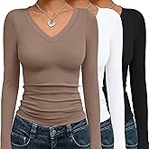 SUNBS 3 Pack Long Sleeve Shirts for Women Fall Fashion Outfits V Neck 2026 Basic Going Out Crop Tops Y2K Compression Clothes