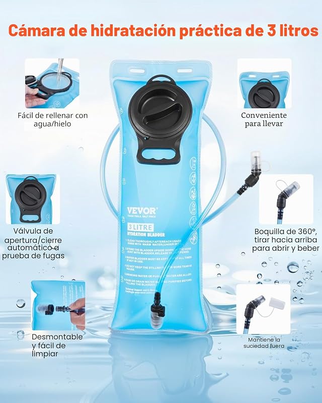 Mochila de Hidratación Aislada de 15 L con Vejiga de Agua de TPU de 3 L, Mochila para Correr Mochilas de Senderismo para Ciclismo Correr Viaje Negro, para Hombres y Mujeres, 470 x 290 x 130 mm