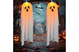 KISPATTI Halloween Decorations Hanging Ghost, 2PCS Halloween Light up Ghost Decorations Outdoor Indoor, Large Halloween Spooky Ghost with Warm Lights for Trees Door Front Yard Garden Home Party Decor