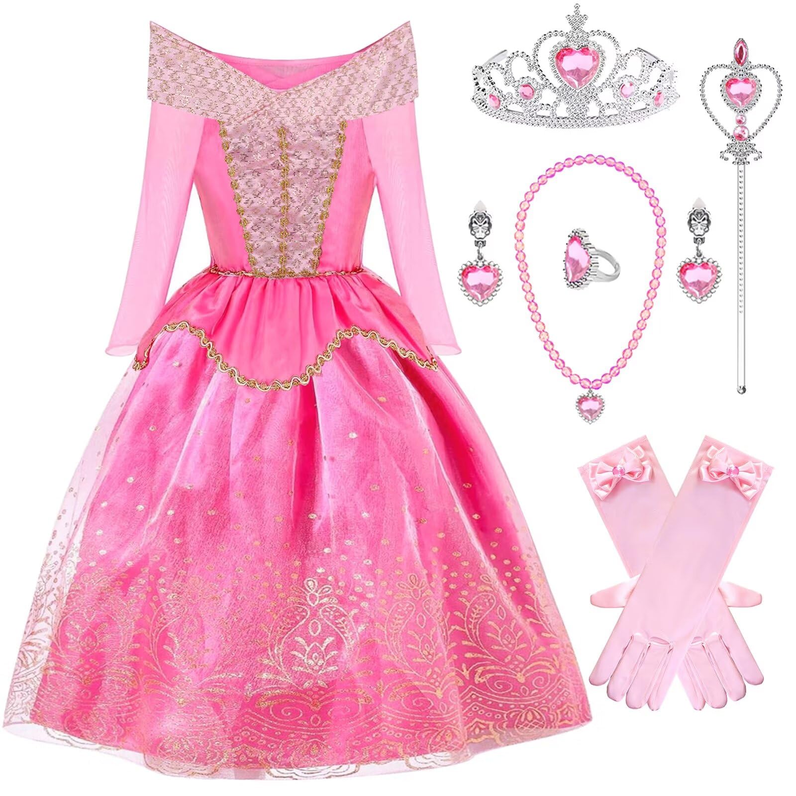 PIXUYE Girls Pink Princess Costume Rose Fancy Princess Dress Up with Accessories for Cosplay Halloween Christmas World Book Day Party Outfit，110cm