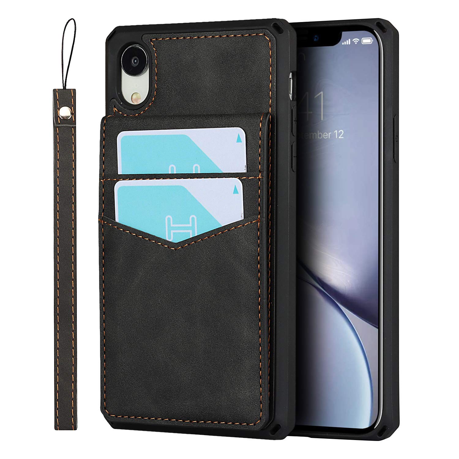 UEEBAI Wallet Case for iPhone XR, Premium Skin Feel Vintage PU Leather Case Back Wallet Kickstand Cover Card Slots Wrist Strap Magnetic Clasp Shockproof TPU Cover for iPhone XR - Black#3