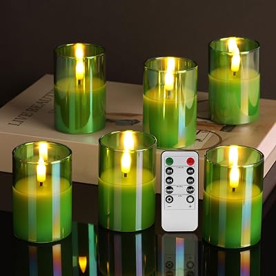 Eywamage Green Glass Flameless Candles 6 Pack with Remote Timer 2x3 in