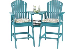 Sundale Outdoor Tall Adirondack Chairs Set of 2 with Table, Patio HDPE Bar Set, 3 PCS Counter Height Dining Bistro Set, Pub Table with Stools, 2 Umbrella Hole Caps, Teal