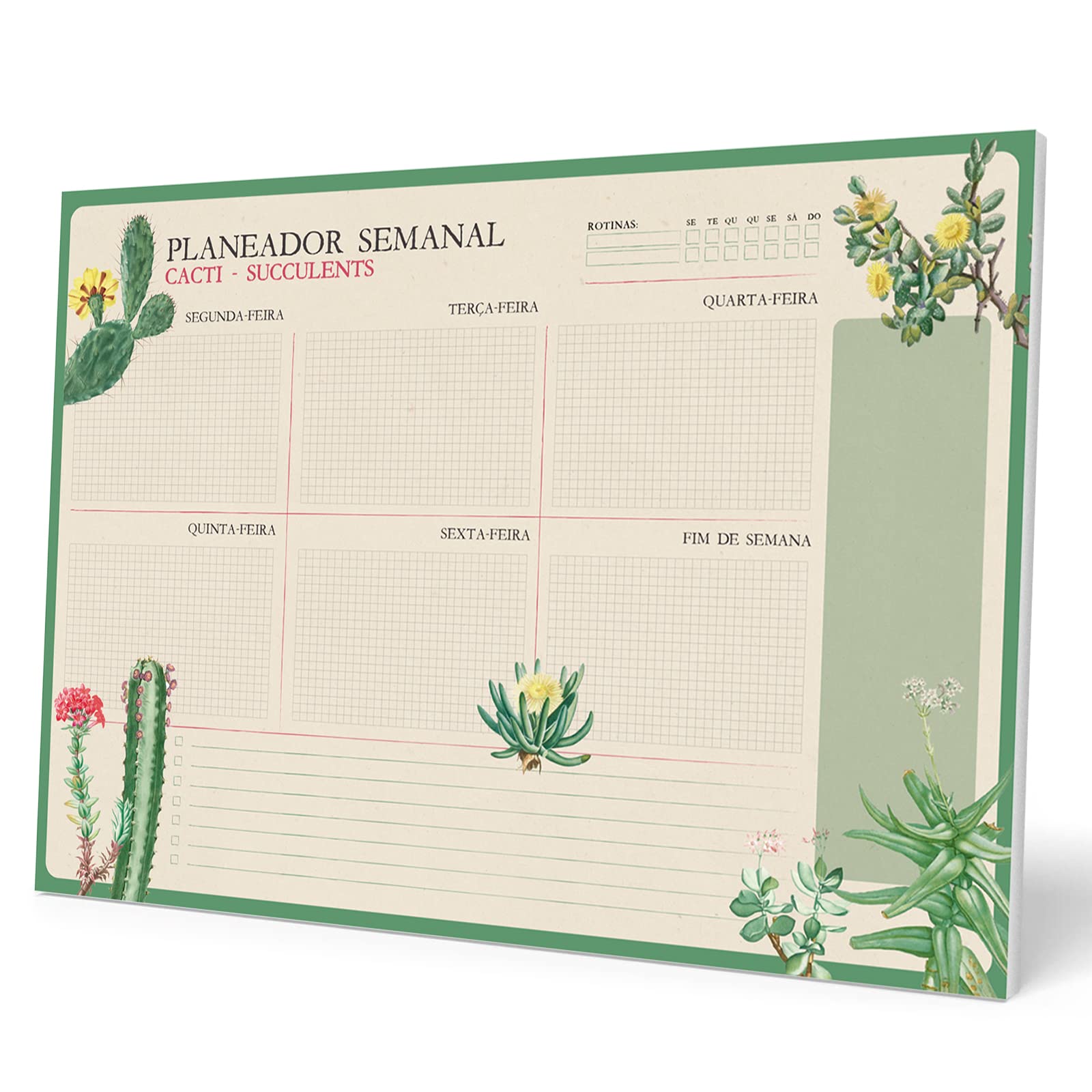 Grupo Erik Weekly Planner A3 In Portuguese - Botanical Cacti | Undated Daily Planner Family, Desk Calendar, 54 Tear Off Pages A3 Notepad | Cute Stationery Gifts Under 10 Pounds, Portuguese Gifts