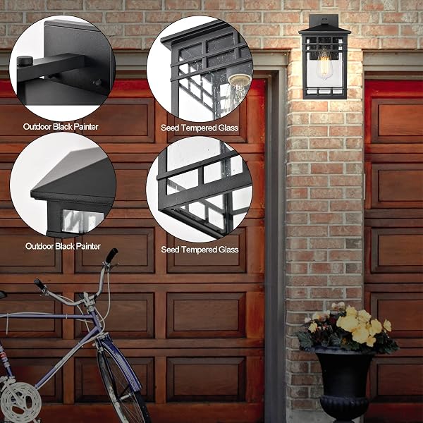 OUTDOOR WALL LANTERN, EXTERIOR WALL MOUNT LIGHT FIXTURE, BLACK OUTSIDE PORCH SCONCE LIGHTING WITH SEEDED GLASS, WATERPROOF OUTDOOR WALL LIGHT FOR PATIO FRONT DOOR ENTRYWAY
