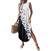Zeagoo Women Floral Summer Casual Beach Printed Tank Dress with Pockets Pleated Front Long Dress