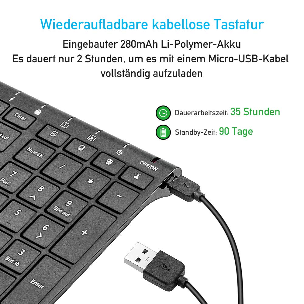 Sonkir Tastatur und Maus, K-18 2,4GHz ultradünne wiederaufladbare Aluminium-Tastatur in voller Größe für Windows, Laptop, PC, Notebook (Schwarz)