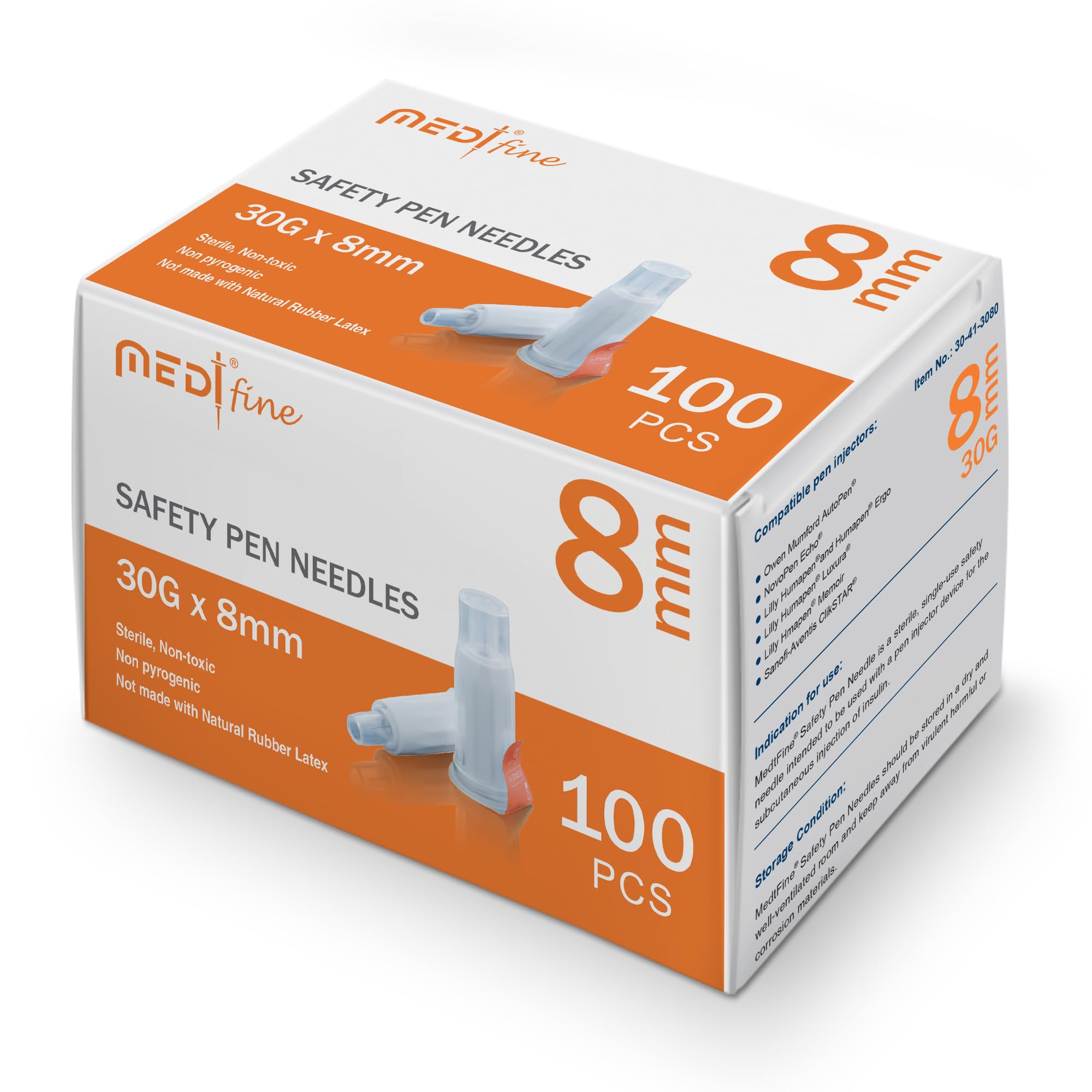 Fine Safety Pen Needles (30G 8mm) - Diabetic Needles for Insulin Injections, Ultra Fine Compatible with Most Diabetes Pens, Gamma Sterilized - 100 Ct, Pack of 1