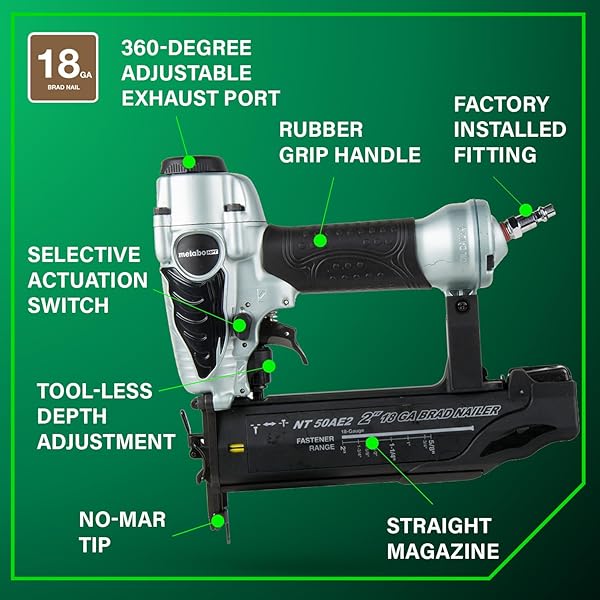 METABO HPT BRAD NAILER, PRO-PREFERRED LIGHTWEIGHT PNEUMATIC POWER NAILER FOR PRECISION TRIM WORK AND FURNITURE BUILDING, ADJUSTABLE DEPTH, 18 GAUGE, 5/8″ UP TO 2″ BRAD NAILS, NT50AE2