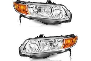 WEELMOTO Headlights for 2006-2011 Honda Civic 2-Door, Civic Coupe Headlight Assembly Pair Headlamp Chrome Housing Amber Refle