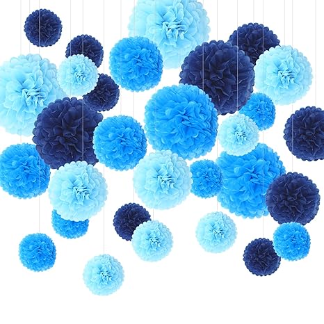 Feelshion 30er PomPoms Set, Tissue PomPon Papierblume Kit, handgefertigt Hochzeit/Partei/Feier/ Baby Shower Dekoration Blau