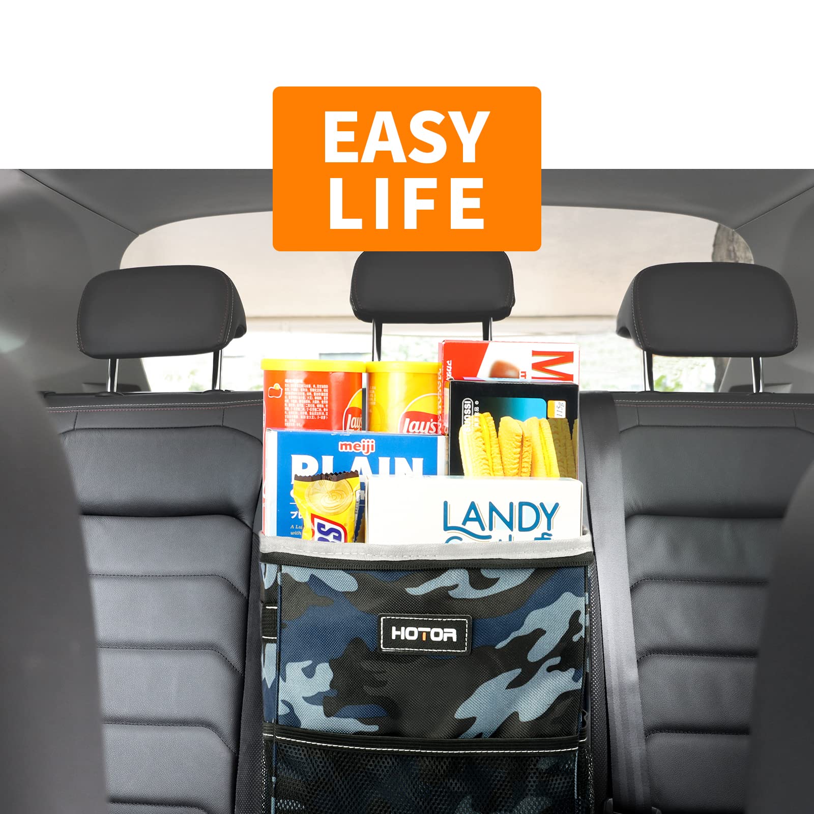 HOTOR Car Trash Can with Lid and Storage Pockets - 100% Leak-Proof Organizer, Waterproof Garbage Can, Multipurpose Trash Bin for Car, 2 Gallons, Camouflage Blue