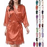 WJing Yi Jia Womens Silk Robe Satin Robe Silky Kimono Lace Bathrobe Wedding Dressing Gown For Bridal Bride Bridesmaid Robes