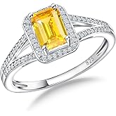 RANDES 925 Sterling Silver Emerald Cut Engagement Ring Created Gemstome Cubic Zirconia Wedding Promise Ring Split Shank Halo Birthstone Rings for Women Size 6-10