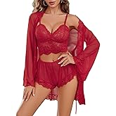 Avidlove Women Sexy Lingerie Set 3 Piece Lace Bralette and Panty Sets With Mesh Kimono Robe Sleepwear Exotic Nightgown