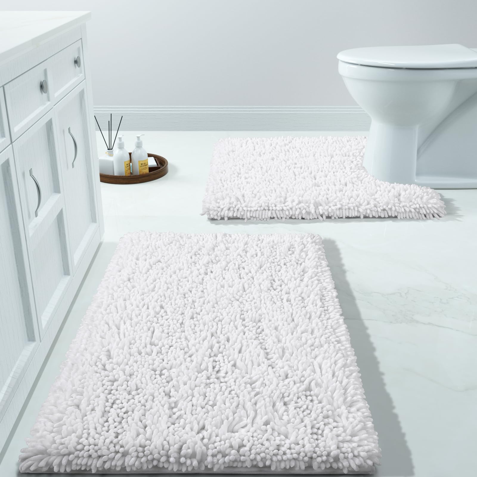 Photo 1 of Yimobra Bathroom Rugs Sets 2 Piece, Soft Absorbent Bath Mat and U-Shaped Toilet Rug with Non Slip Backing, Luxury Shaggy Bath Mats for Bathroom, Machine Washable, 24"x17"+24"x20", White