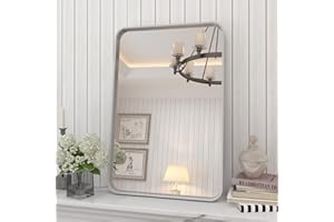 CHARMOR 16x24 Inch Brushed Nickel Bathroom Mirror, Rounded Rectangle Silver Metal Frame Mirror, Silver Bathroom Vanity Mirror, Anti-Rust, Hangs Horizontally or Vertically