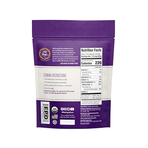 1000 SPRINGS MILL – ORGANIC PURPLE BARLEY | USED FOR CEREALS, SALADS, WHOLE WHEAT BREAD, FRESH BARLEY FLOUR, SPROUTING SEEDS, AND MORE | BULK DRIED GRAIN | RESEALABLE BAG | 16OZ (PACK OF 1)