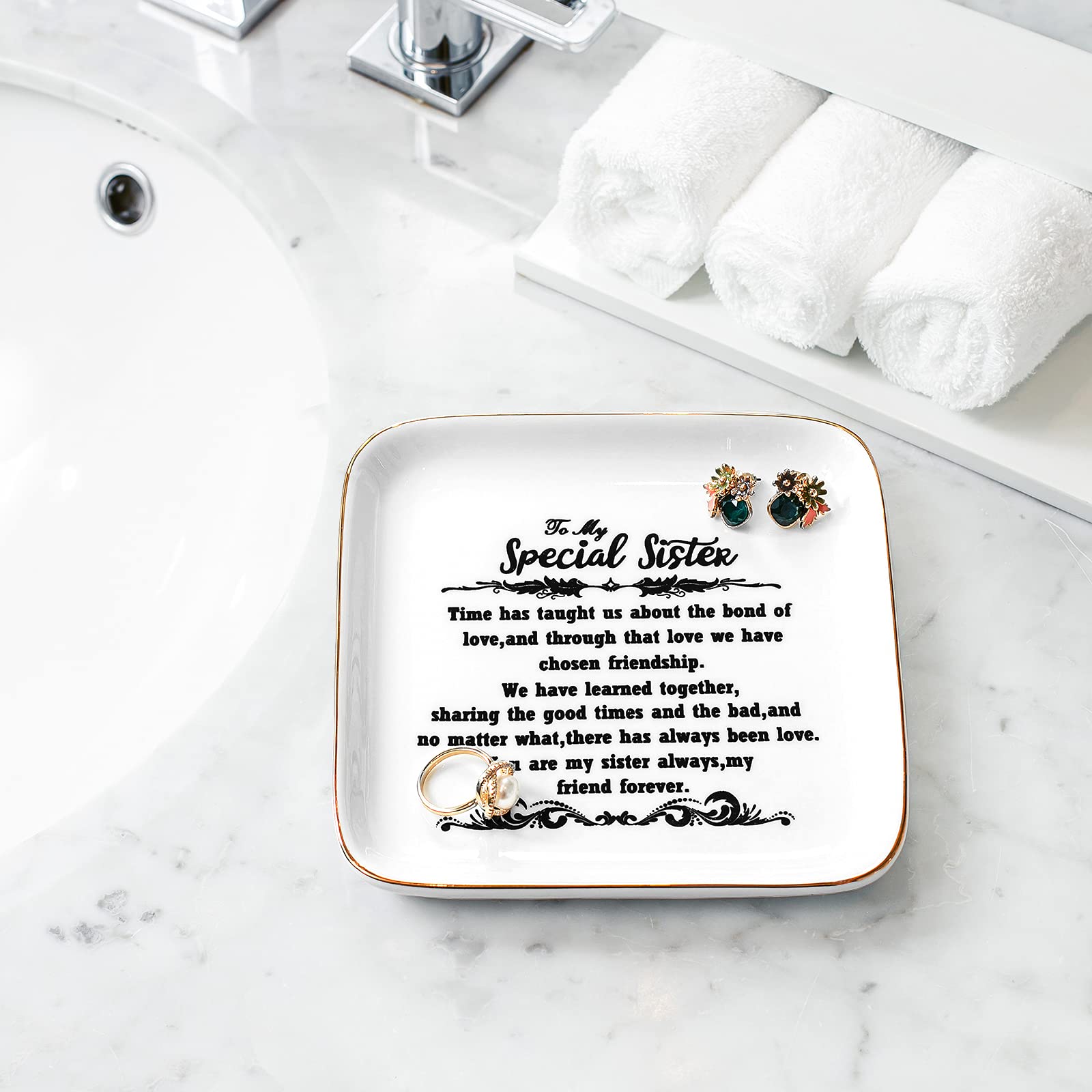 PUDDING CABIN Birthday Gifts from Sister -“You are My Sister Always, My Friend Forever, Ring Trinket Jewelry Dish Ring Holder, Christmas Gifts