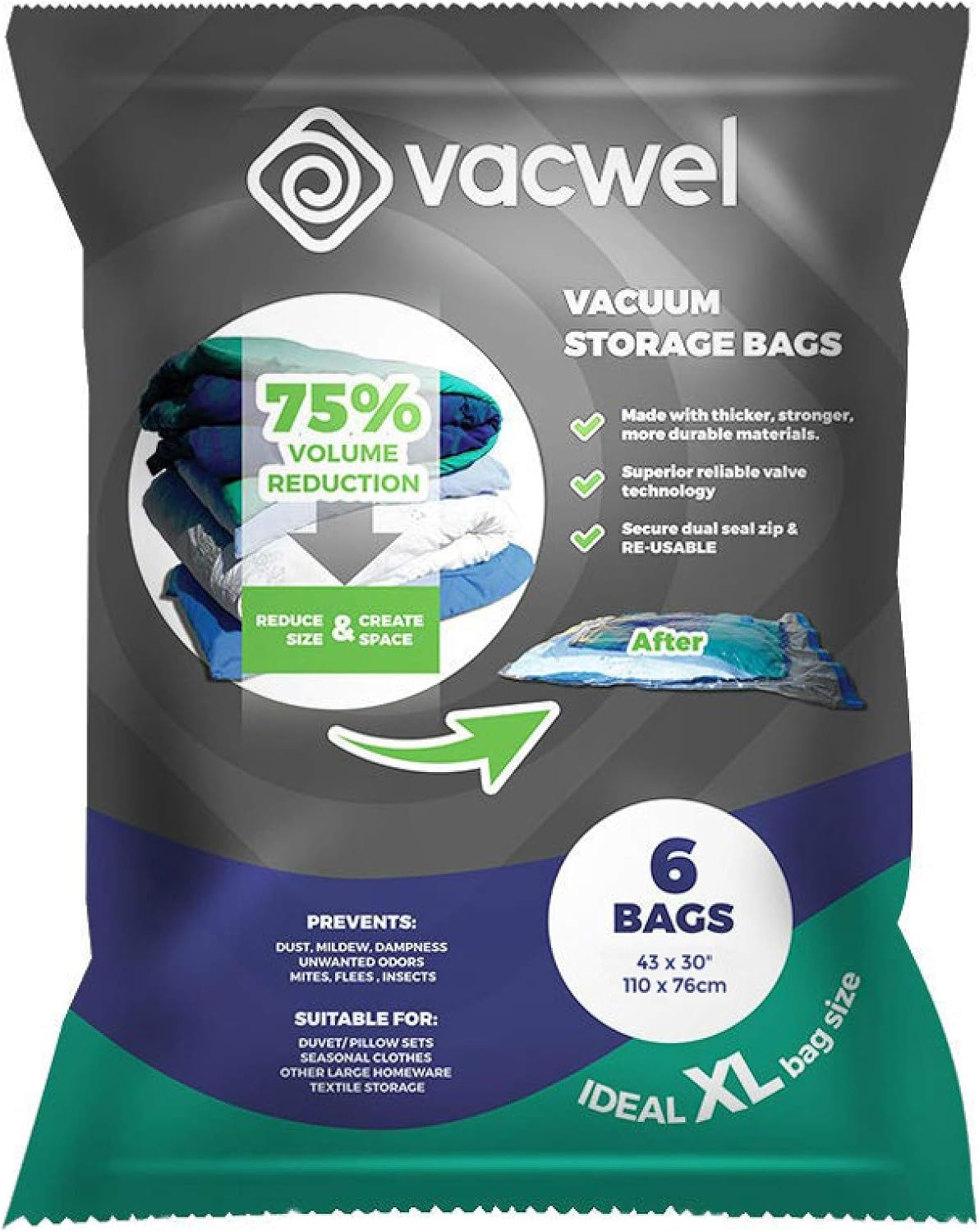 Vacwel Jumbo Vacuum Storage Bags for Clothes, Quilts, Pillows, Space Saver Size 43x30” Extra Strong (Pack of 6): Home & Kitchen