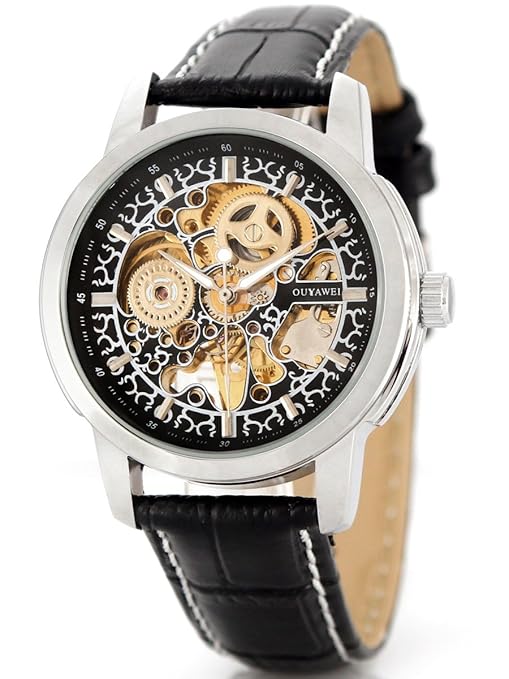 Alienwork Herren Damen mechanische Automatik-Uhr silber mit Lederarmband schwarz