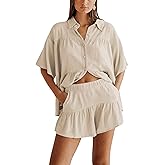 Qiaomai Womens 2 Piece Outfits Summer Ruffled Shirt and High Waist Shorts Matching Set (Beige-XS)