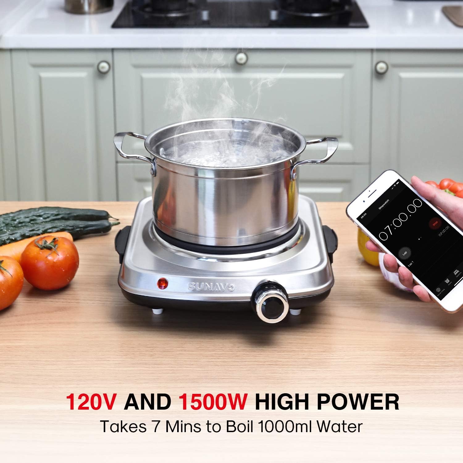 SUNAVO 1500W Hot Plates for Cooking, Electric Single Burner with Handles, 6 Power Levels Stainless Steel Hot Plate for Kitchen Camping RV and More Silver: Kitchen & Dining