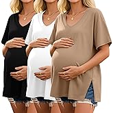 Ficerd 3 Pack Maternity Shirts Cotton V Neck Mama Tee Dolman Sleeve Side Split Pregnancy Clothes Summer Oversized Tops