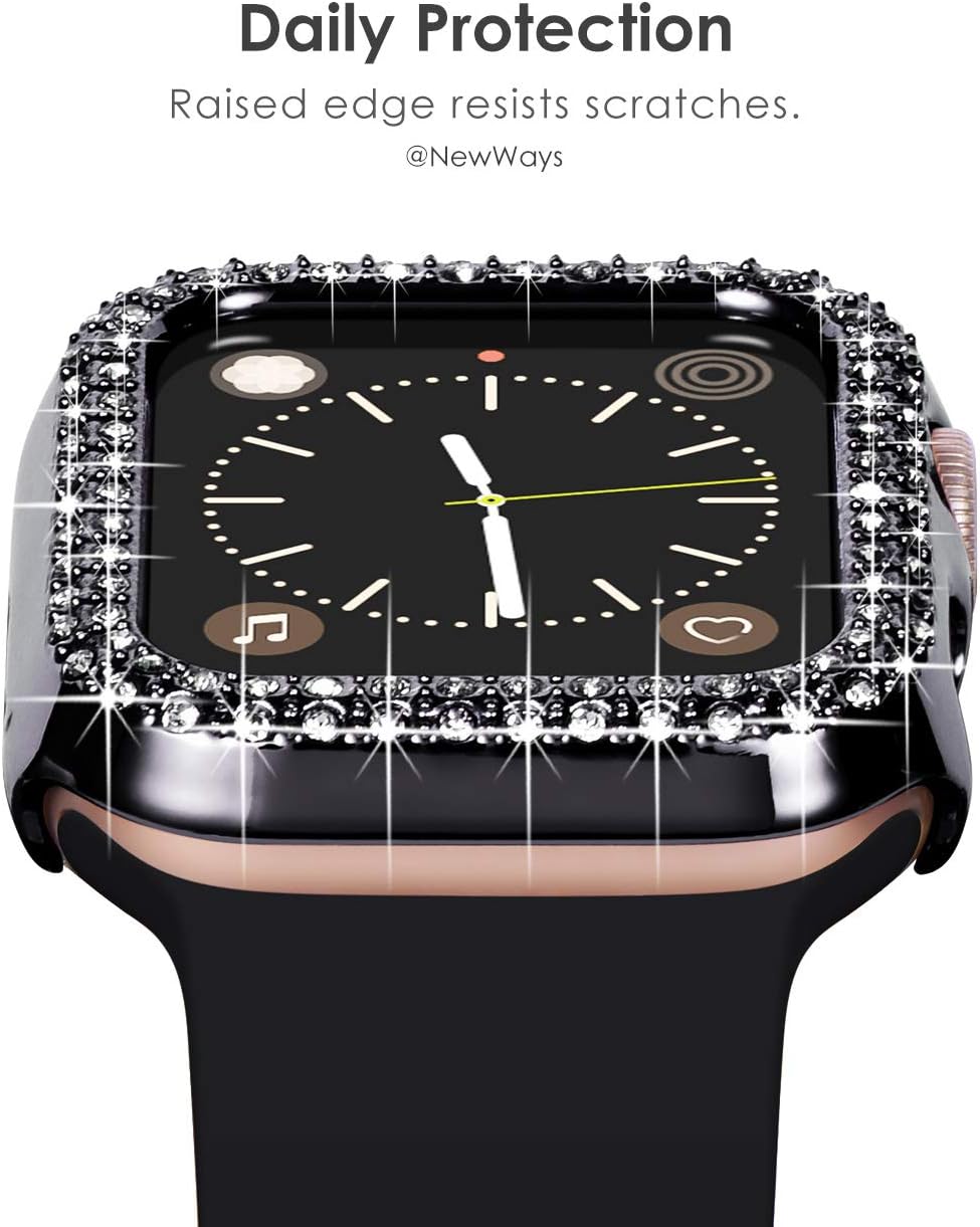 NewWays 2-pack Women Bling Case Compatible with Apple Watch 44mm Series 6/5/4/SE(2025-2020) Without Protective Film,Overall Protective Bumper Diamond Cases for iWatch 44mm(Black+Clear) - Image 4