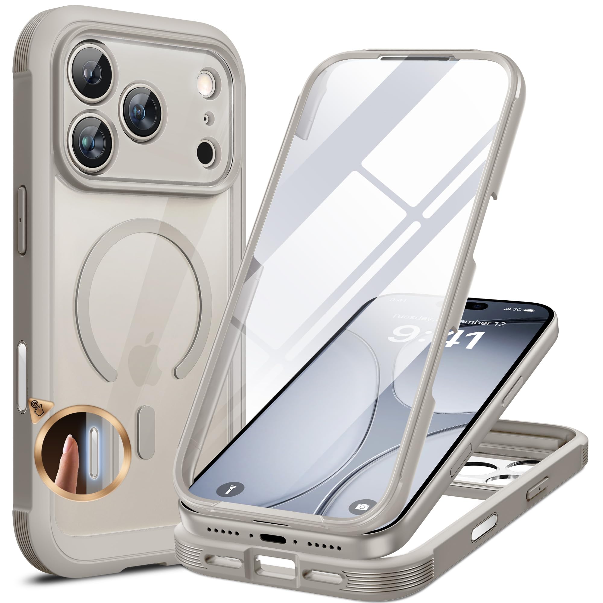 Photo 1 of Miracase for iPhone 17 Pro Max Case 6.9" Full-Body Phone Case with Built-in Glass Screen Protector& Full Camera Protector,[Magnetic with MagSafe] Drop Proof 17 ProMax Cover, Grey Titanium