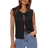Yousify Women’s Tie Front Sweater Vest 2025 Sleeveless Crochet Knit Summer Y2K Going Out Tops