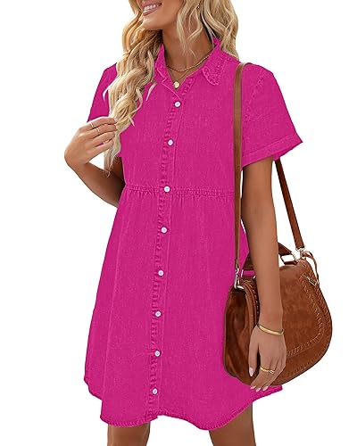 LookbookStore Summer Denim Dresses for Women 2025 Hot Pink Babydoll Dresses  for Women Party Dressy Cute Loose Dress Summer Hot Pink Jean Dress for
