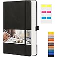 EMSHOI Lined Journaling Notebooks - 120gsm Thick Leather Journal with Sticky Notes, 256 Numbered Pages A5 Hardcover College Ruled Notebook for Women Men Work School Writing, 5.75" x 8.38"-Black