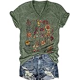 Women's T-Shirts V-Neck Boho Flowers Wildflowers Graphic Tees Shirts Cute Casual Summer Tops Short Sleeve T Shirt