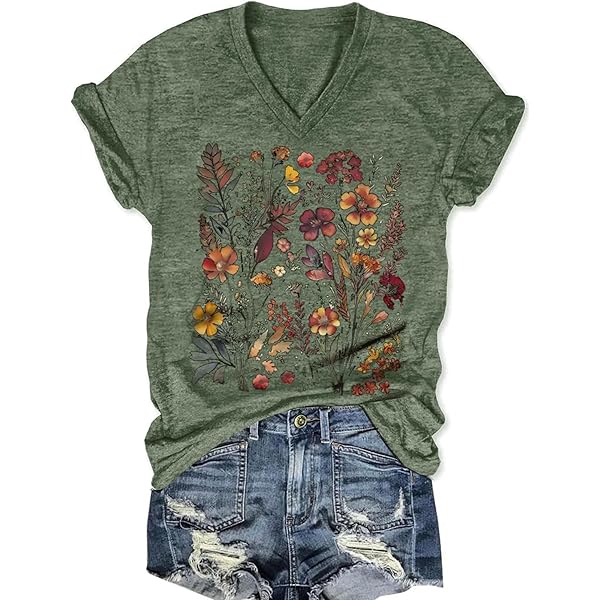 Women's Vintage Floral T Shirt Boho Wildflower Graphic Loose