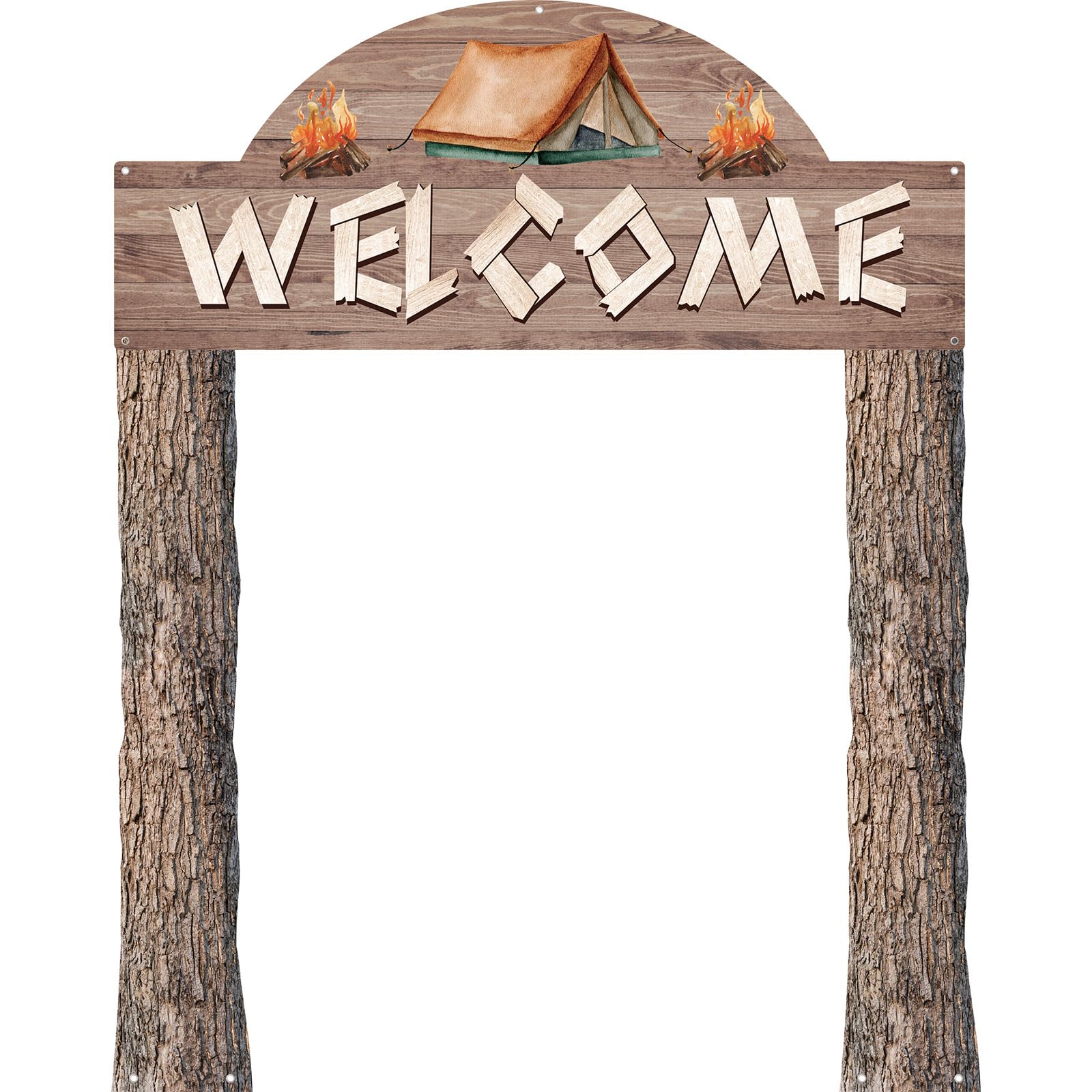 Photo 1 of Peryiter 3 Pcs Camping Themed Party Decorations Banner Welcome Porch Sign with 1 Double Sided Tape for Summer Camp Birthday Hawaii Baby Shower Themed Party Activity Decor door(Natural Style)
