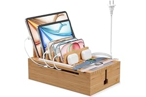 Pezin & Hulin Bamboo Charging Station for Multiple Devices, USB Charger Dock Organizer, with Power Supply (10 Ports HUB), 6 C