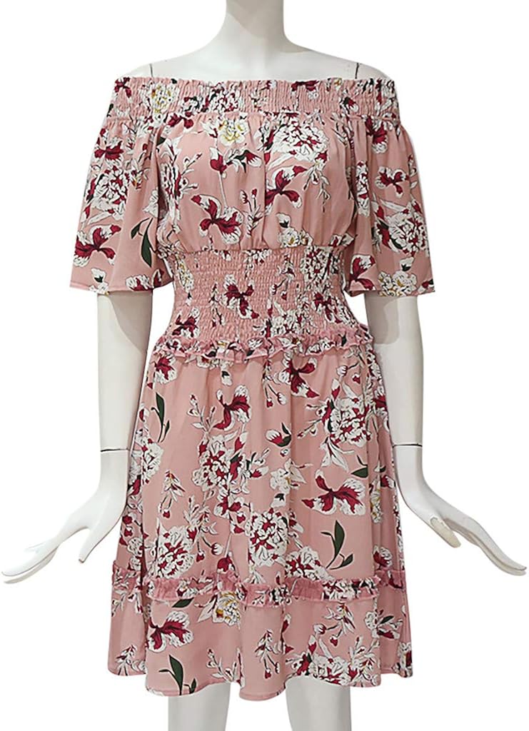 TOPKEAL Damen Kleider Sommer Faltenrock Mode Frauen Kurzarm Off Schulter R/&uuml;Schen Floral Print Ruched Mini Kleid Mode 2019