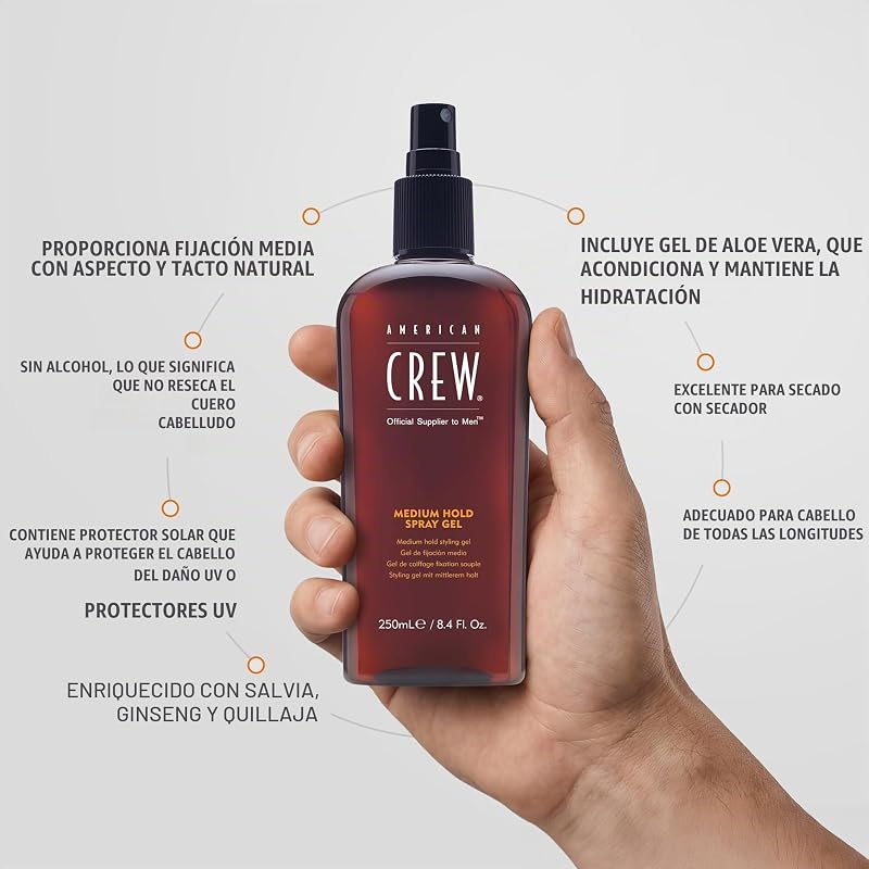 Gel spray de fixação média, gel para cabelo masculino com fixação média, proporciona controlo e flexibilidade, protetor e hidratante para todos os tipos de cabelo, 250ml