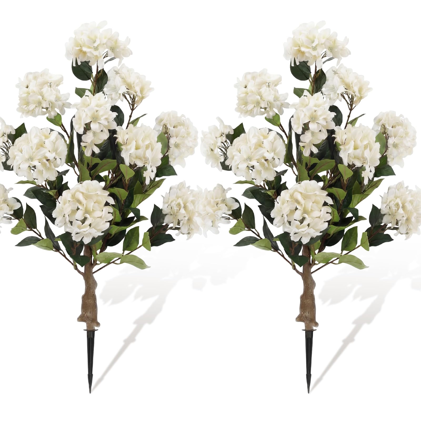 Photo 1 of Lunmon 2 Pack Artificial Hydrangea Trees with Spikes, 24Inch Faux Hydrangea Outdoor Plants Bushes Realistic Fake Silk Flower for Planter Home Wedding Garden Patio Yard Decor(White)