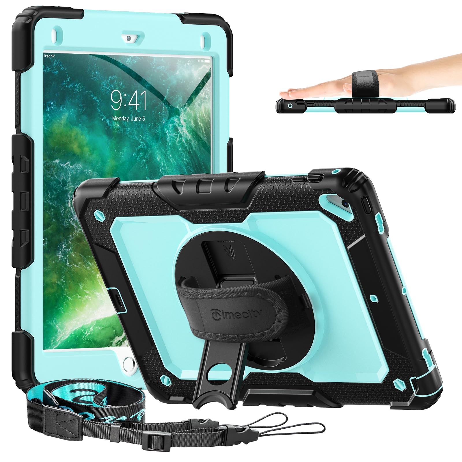 Timecity case For iPad 6th/5th Generation(2018/2017), iPad Pro 9.7 inch(2016), iPad Air 2 Case(2014), Shockproof Case with Screen Protector, 360° Rotating Kickstand, Hand Strap, Pencil Holder, SkyBlue