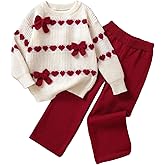 Verdusa Girl's 2 Piece Cozy Sweater Set Cute 3D Bow Heart Print Pullover Knit Tops with Pants Comfy Sets