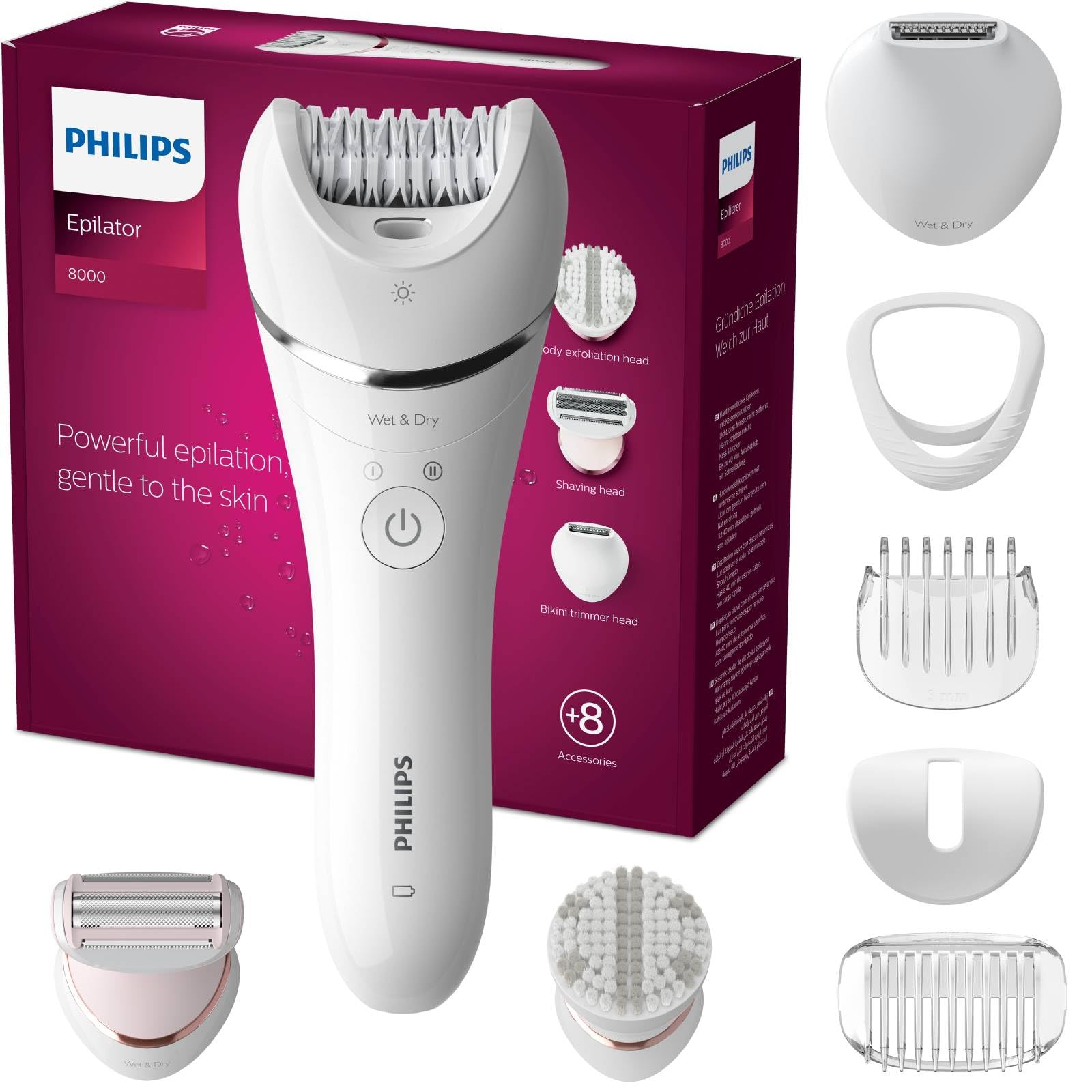 Philips Series 8000 - Epilateur Wet & Dry sans fil pour les jambes et le corps, avec 8 accessoires, rasoir, tondeuse et embout exfoliant pour le corps, (modèle BRE735/00)