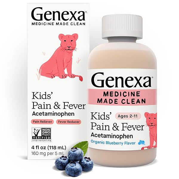GENEXA KIDS’ ACETAMINOPHEN PAIN & FEVER ORAL SUSPENSION MEDICINE – 4OZ – FOR CHILDREN 2 – 11 YEARS OLD, TEMPORARILY RELIEVES PAIN AND FEVER SYMPTOMS, 160 MG PER 5 ML- ORGANIC BLUEBERRY FLAVOR