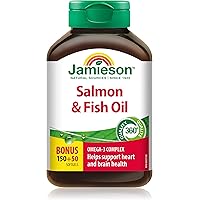Jamieson Salmon and Fish Oil 1,000 mg Softgels, Bonus Size, Supports Heart and Brain Health. With Wild Salmon, EPA and DHA, N
