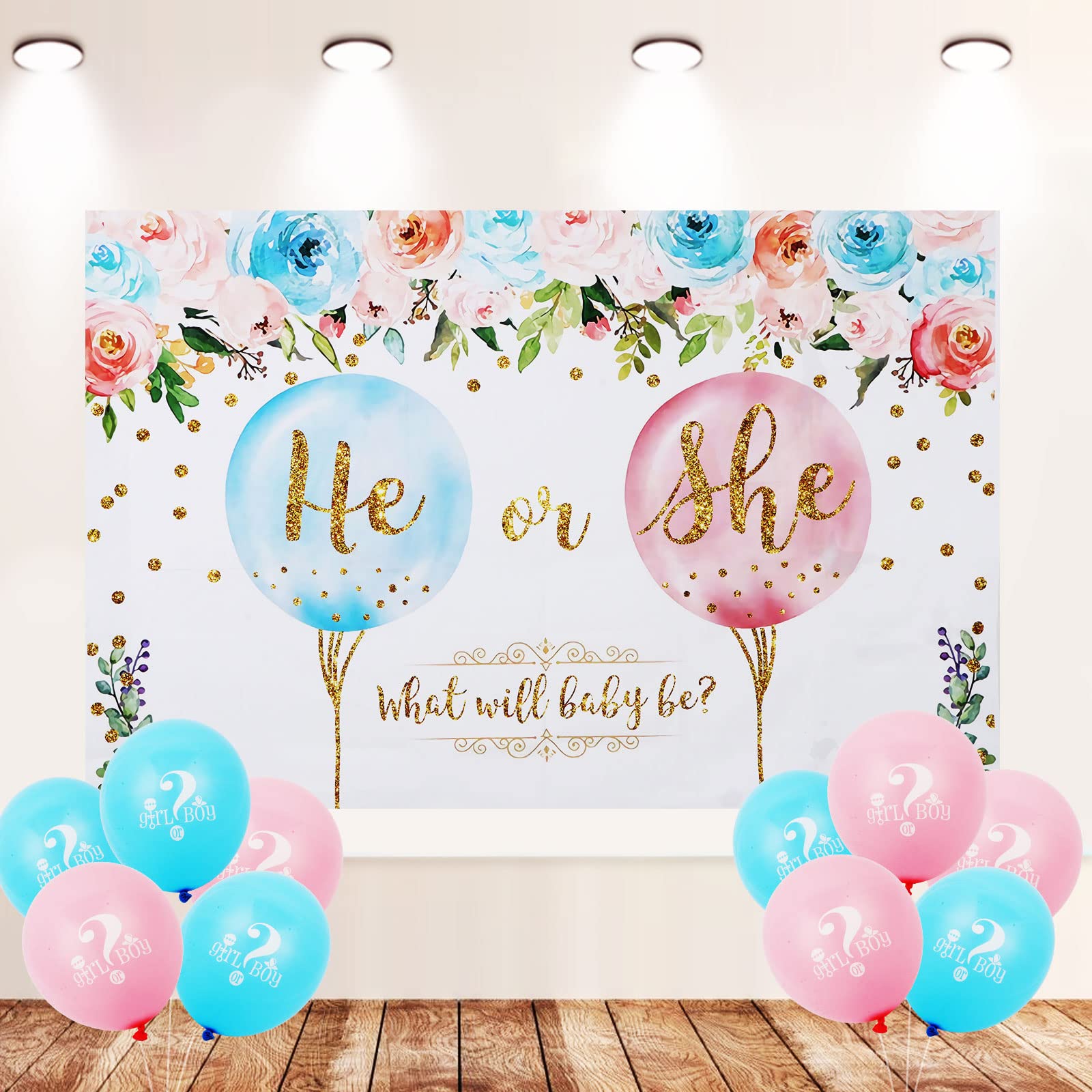 Skystuff Gender Reveal Backdrop Banner With 10 Balloons, Boy or Girl Banner, Flower & Balloon Pattern Background for Baby Shower Decorations