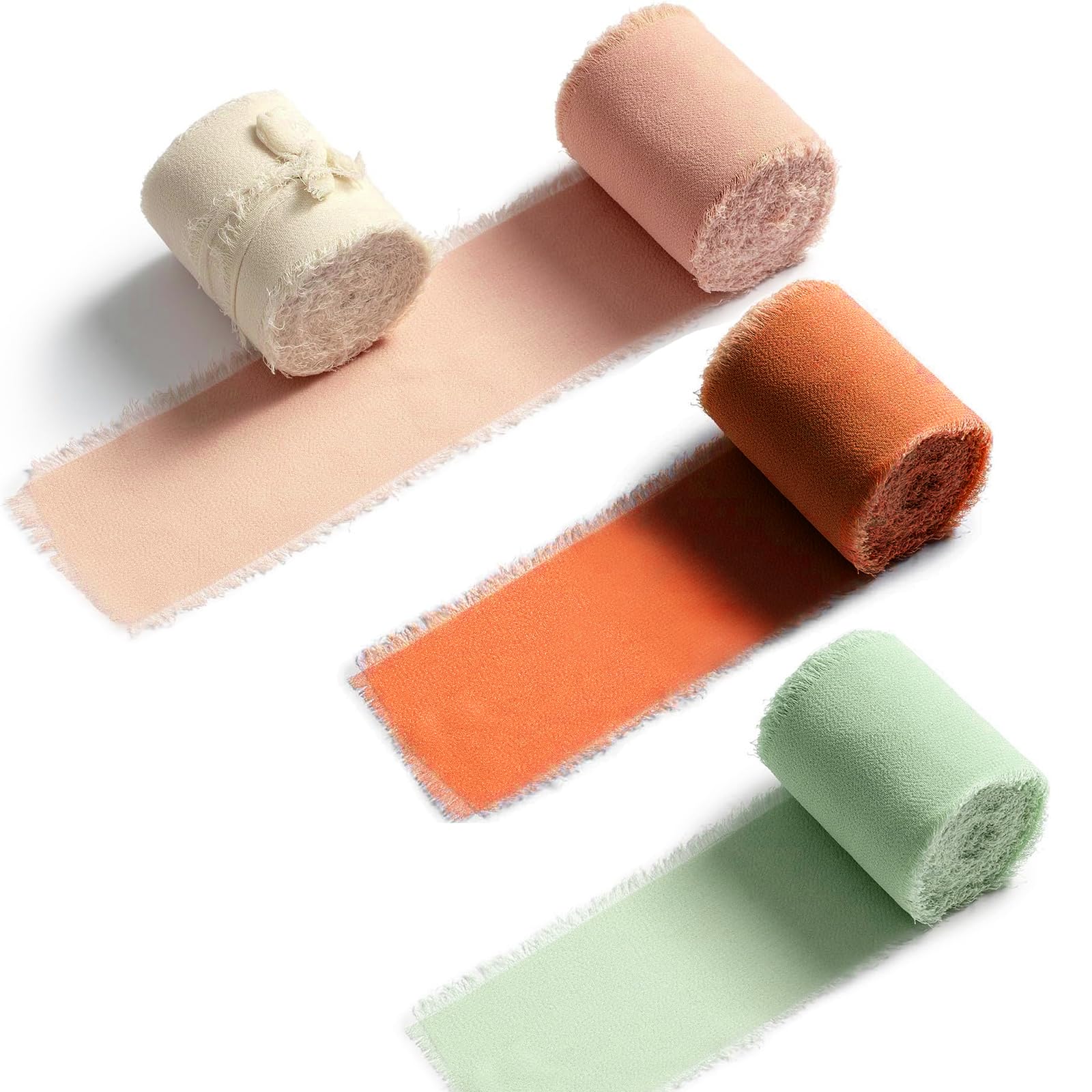 4 Rolls Chiffon Ribbon, Handmade Fringe Chiffon Silk Ribbon Thick Ribbons for Gift Wrapping Wedding Bouquet DIY Crafts (4X 500cm)