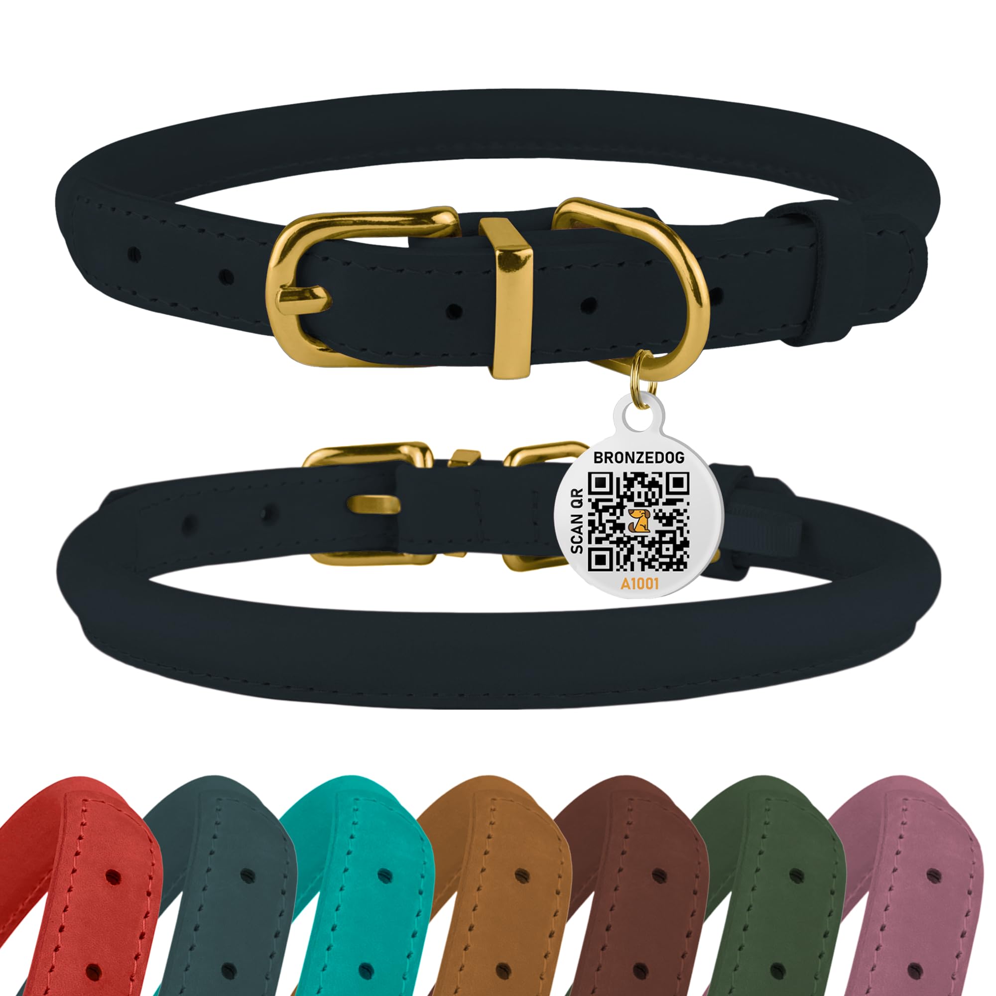 Photo 1 of BronzeDog Rolled Leather Dog Collar with QR ID Tag, Adjustable Soft Round Collars for Small Medium Large Dogs Puppy (11" - 14 1/2" Neck Size, Dark Blue)