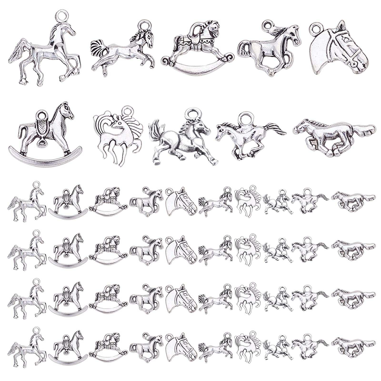 PH PandaHall 100pcs 10 Style Horse Charms Pendants Antique Silver Tibetan Alloy Animals Horse Equestrian Beads Charms for DIY Bracelet Necklace Jewellery Making