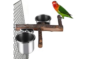 ZUOLUN Bird Feeding Dish Cups, Hanging Stainless Steel Parakeet Feeder, Bird Feeder for Cage & Watering Supplies with Natural Wood Perch Platform for Parakeet Cockatiels Conure Budgies Lovebird Finch